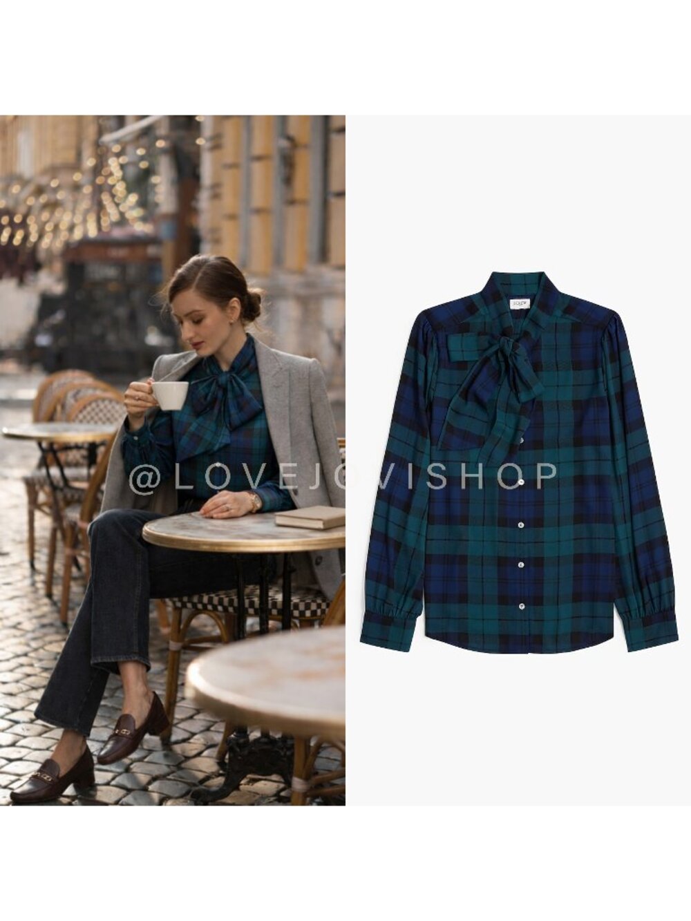Academia | J. Crew Plaid Blouse w Neck Bow | Emerald Navy Button Up | Classic 2X